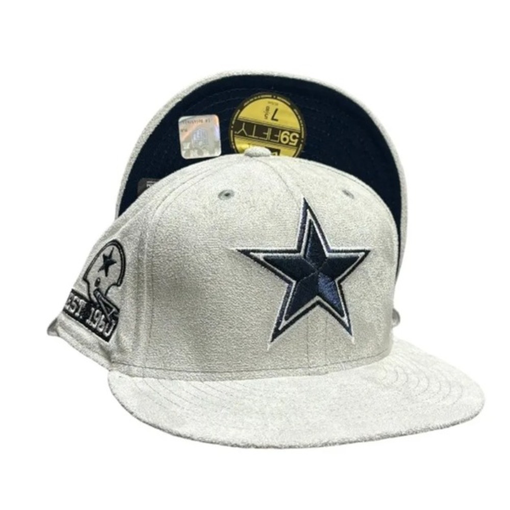 Dallas Cowboys New Era Gray Suede Helmet Patch Navy UV 59FIFTY Fitted Hat 7 1/2